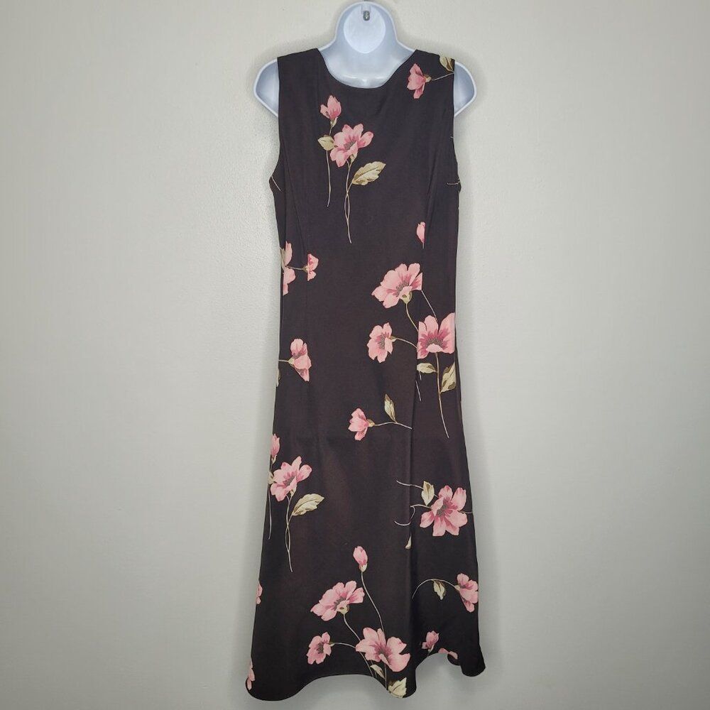 Studio I brown pink flower print modest church midi maxi sleeveless dress 14 - Picture 2 of 7